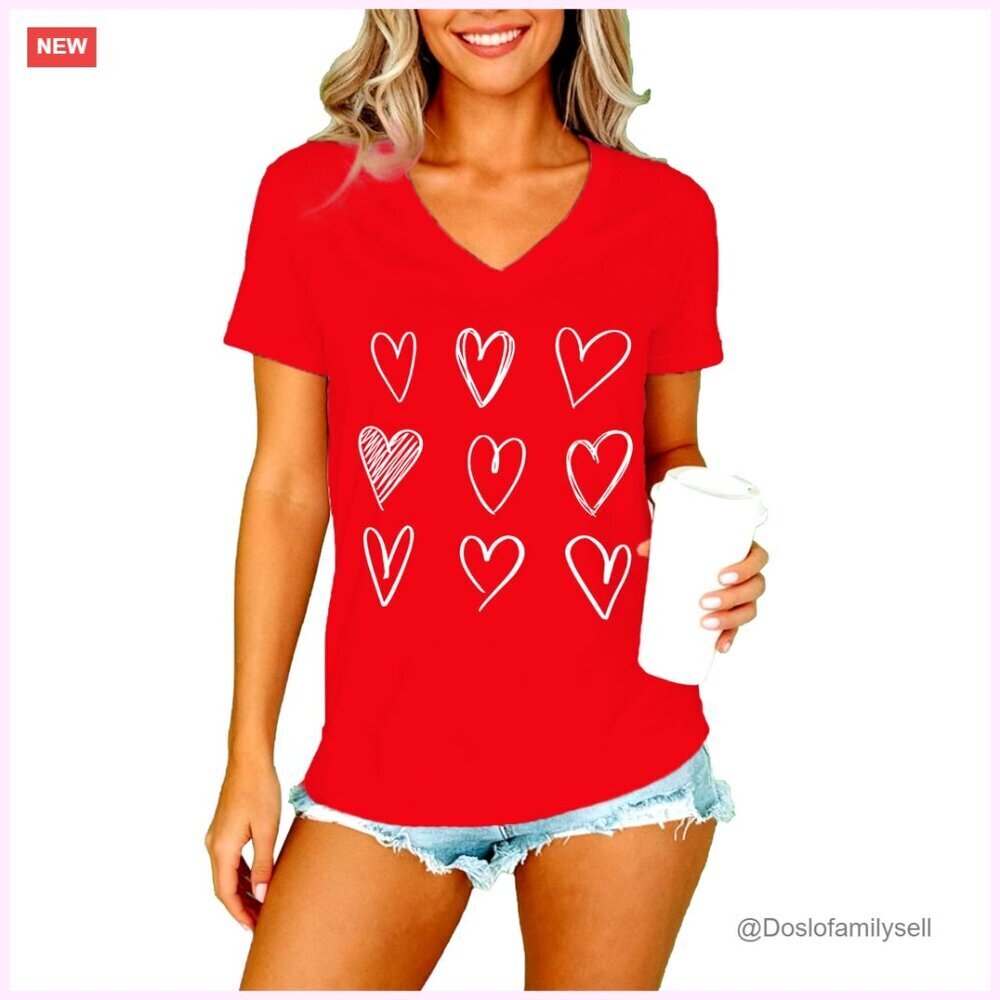 V-Neck T-Shirt Soft Stretchy Casual Love Theme Tee Women's Tops